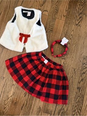 New Girls 5T Faux Fur Vest, Plaid Skirt, and Headband Set